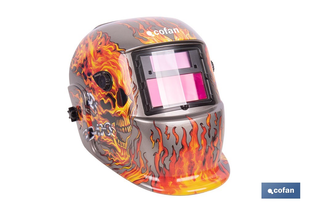 Casco de soldadura automático Fire Skull | Solar, oscurecimiento automático DIN 9-13 | Adecuado para soldadura tipo ARC, MIG, MAG y TIG - Cofan