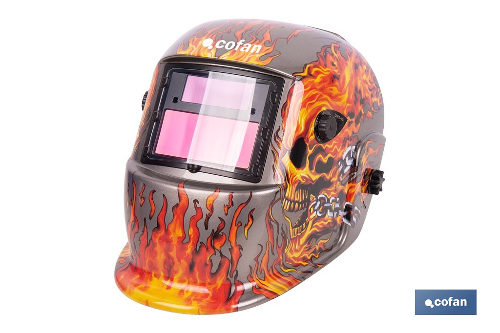 Casco de soldadura automático Fire Skull | Solar, oscurecimiento automático DIN 9-13 | Adecuado para soldadura tipo ARC, MIG, MAG y TIG - Cofan