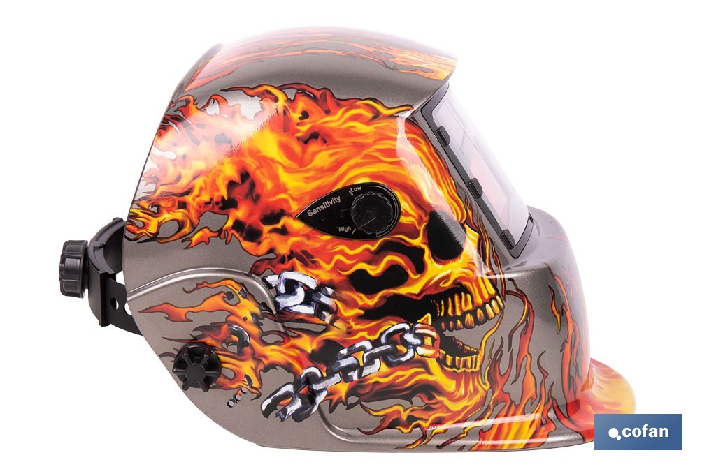Casco de soldadura automático Fire Skull | Solar, oscurecimiento automático DIN 9-13 | Adecuado para soldadura tipo ARC, MIG, MAG y TIG - Cofan