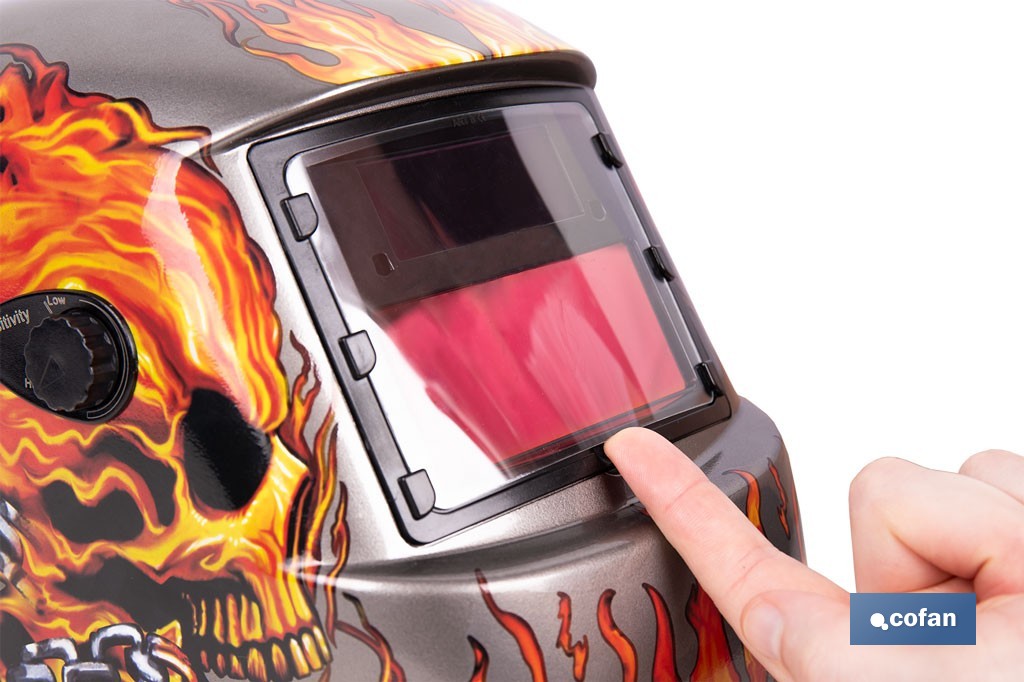 Casco de soldadura automático Fire Skull | Solar, oscurecimiento automático DIN 9-13 | Adecuado para soldadura tipo ARC, MIG, MAG y TIG - Cofan