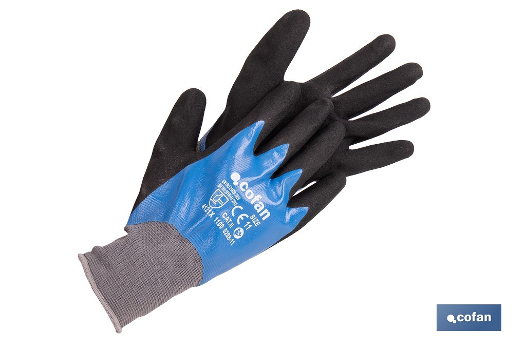Guantes impregnados de nitrilo sandy de doble capa | Color: azul | Máximo agarre en seco, húmedo y aceitoso | EN 388-2131X | Disponible desde la talla 6 hasta la 11 - Cofan