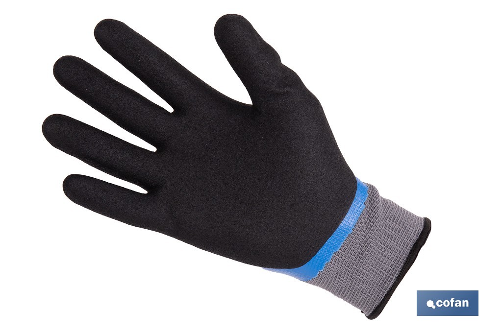 Guantes impregnados de nitrilo sandy de doble capa | Color: azul | Máximo agarre en seco, húmedo y aceitoso | EN 388-2131X | Disponible desde la talla 6 hasta la 11 - Cofan