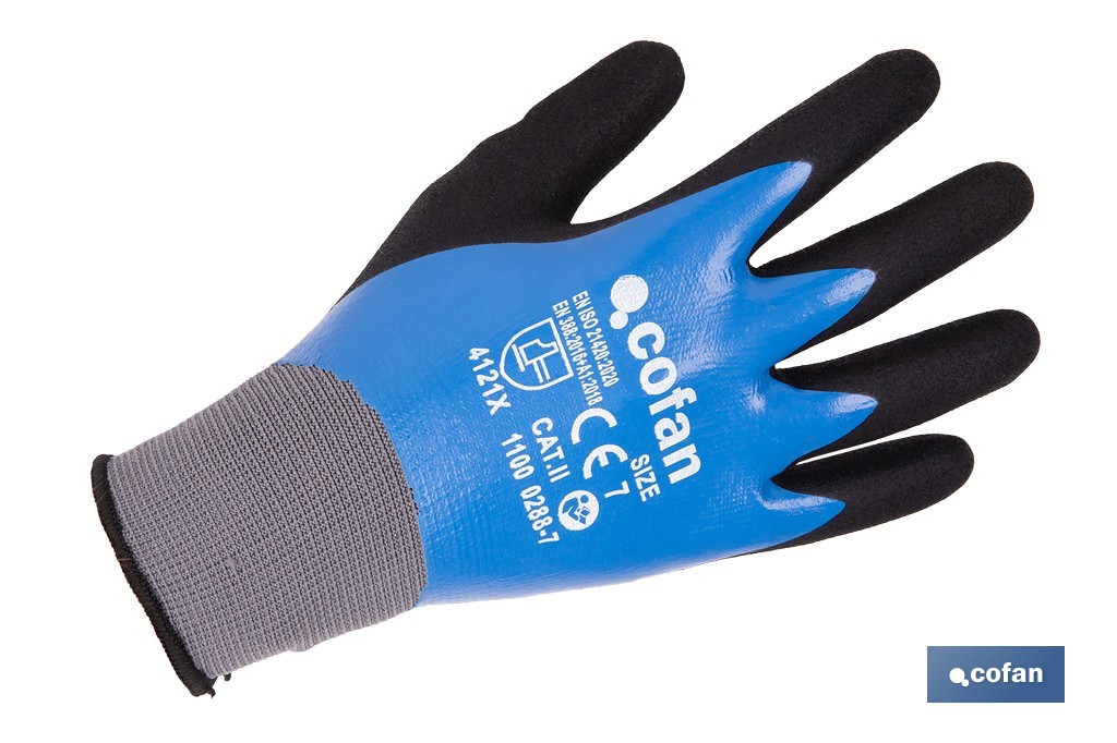 Guantes impregnados de nitrilo sandy de doble capa | Color: azul | Máximo agarre en seco, húmedo y aceitoso | EN 388-2131X | Disponible desde la talla 6 hasta la 11 - Cofan