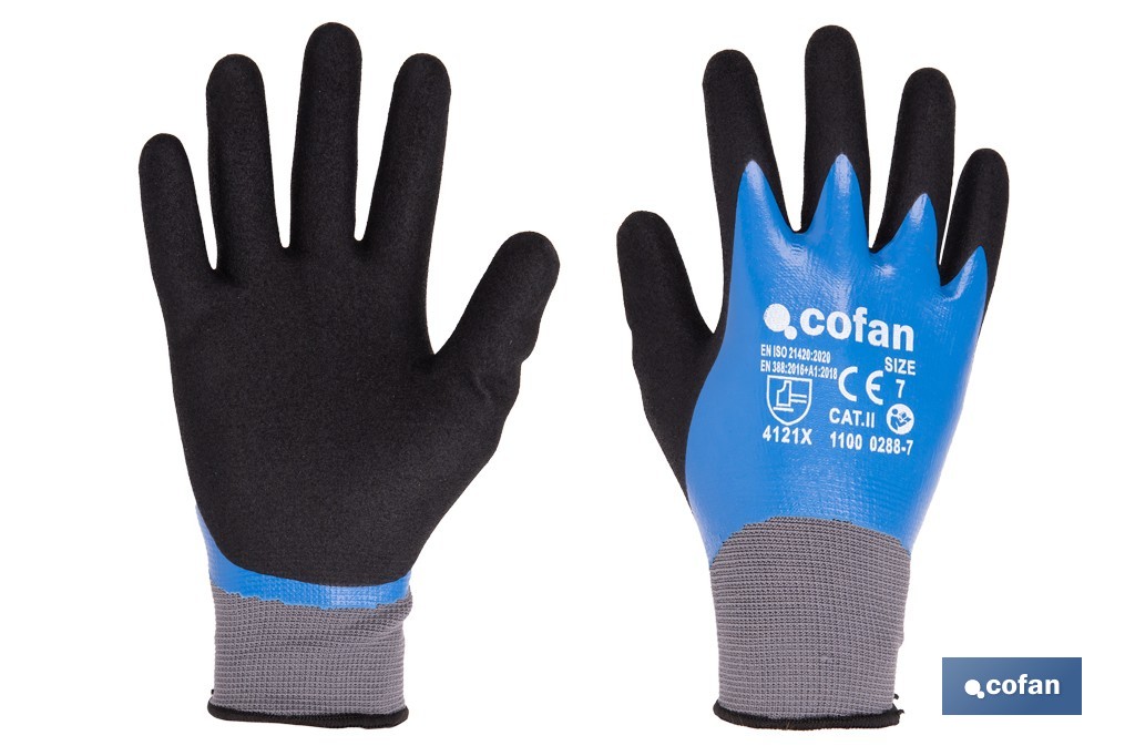 Guantes impregnados de nitrilo sandy de doble capa | Color: azul | Máximo agarre en seco, húmedo y aceitoso | EN 388-2131X | Disponible desde la talla 6 hasta la 11 - Cofan