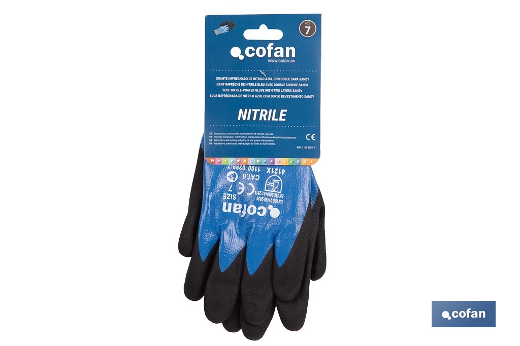 Guantes impregnados de nitrilo sandy de doble capa | Color: azul | Máximo agarre en seco, húmedo y aceitoso | EN 388-2131X | Disponible desde la talla 6 hasta la 11 - Cofan