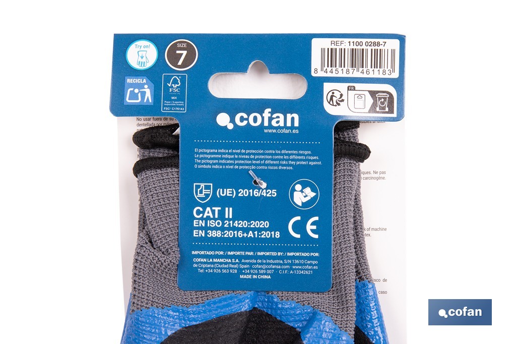 Guantes impregnados de nitrilo sandy de doble capa | Color: azul | Máximo agarre en seco, húmedo y aceitoso | EN 388-2131X | Disponible desde la talla 6 hasta la 11 - Cofan