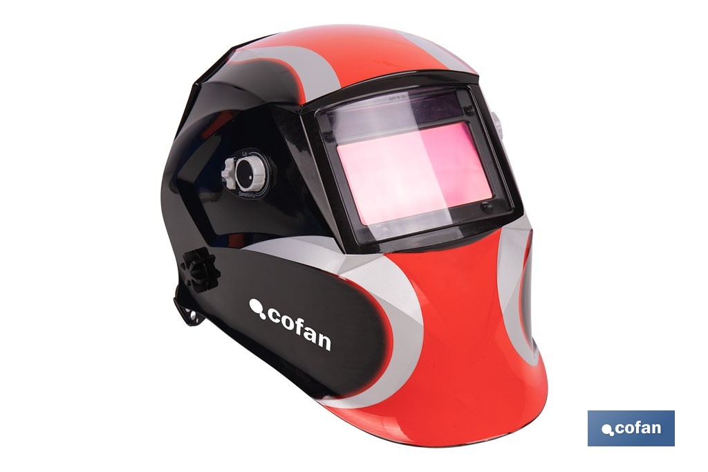Casco de soldadura automático Red Surfing | Solar, oscurecimiento automático DIN 9-13 | 4 sensores y visor amplio DIN 9-13 | Adecuado para soldadura tipo ARC, MIG, MAG y TIG - Cofan