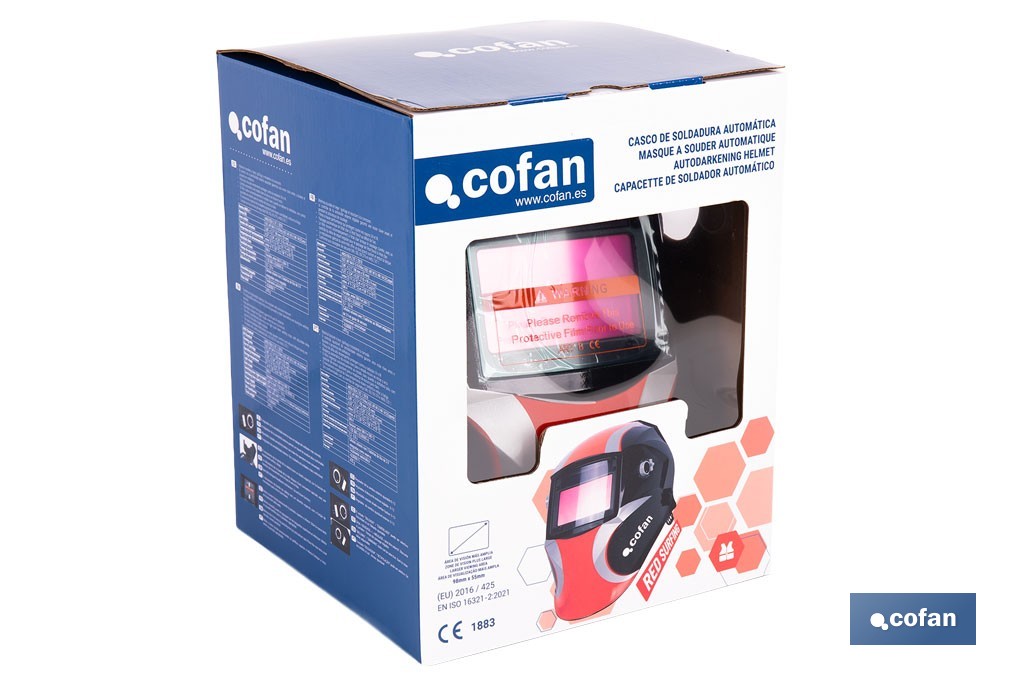 Casco de soldadura automático Red Surfing | Solar, oscurecimiento automático DIN 9-13 | 4 sensores y visor amplio DIN 9-13 | Adecuado para soldadura tipo ARC, MIG, MAG y TIG - Cofan