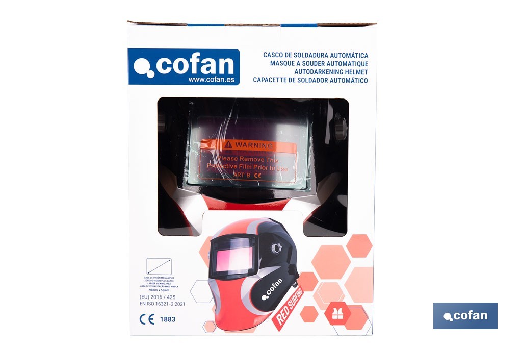 Casco de soldadura automático Red Surfing | Solar, oscurecimiento automático DIN 9-13 | 4 sensores y visor amplio DIN 9-13 | Adecuado para soldadura tipo ARC, MIG, MAG y TIG - Cofan