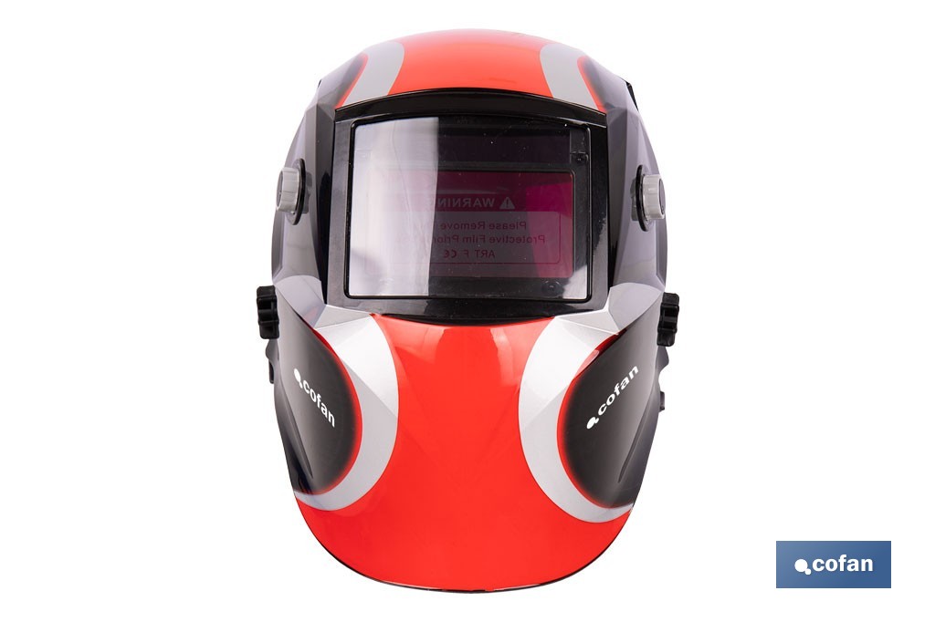 Casco de soldadura automático Red Surfing | Solar, oscurecimiento automático DIN 9-13 | 4 sensores y visor amplio DIN 9-13 | Adecuado para soldadura tipo ARC, MIG, MAG y TIG - Cofan