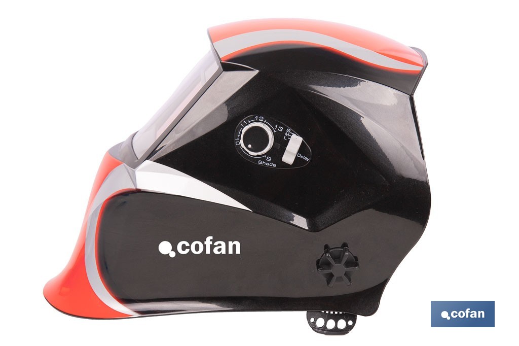 Casco de soldadura automático Red Surfing | Solar, oscurecimiento automático DIN 9-13 | 4 sensores y visor amplio DIN 9-13 | Adecuado para soldadura tipo ARC, MIG, MAG y TIG - Cofan