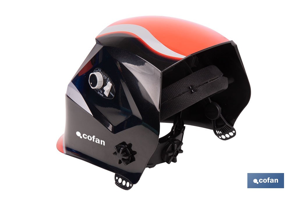 Casco de soldadura automático Red Surfing | Solar, oscurecimiento automático DIN 9-13 | 4 sensores y visor amplio DIN 9-13 | Adecuado para soldadura tipo ARC, MIG, MAG y TIG - Cofan
