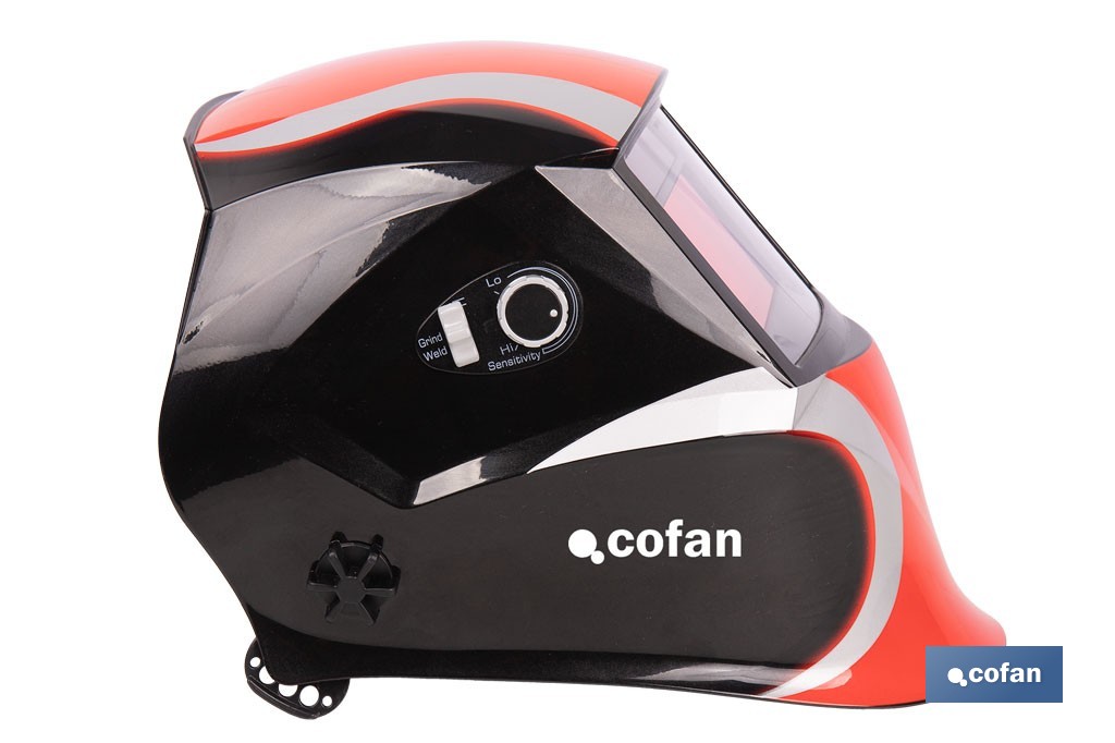 Casco de soldadura automático Red Surfing | Solar, oscurecimiento automático DIN 9-13 | 4 sensores y visor amplio DIN 9-13 | Adecuado para soldadura tipo ARC, MIG, MAG y TIG - Cofan