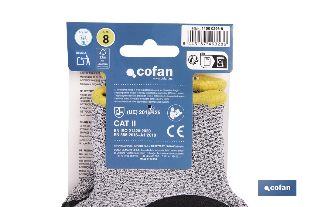 Guantes de protección anticorte y antiimpacto | Protección 360° TPE | Protección anticorte nivel C | EN 388 4X42C – EN 21420 | Disponible desde la talla 8 hasta la 10 - Cofan