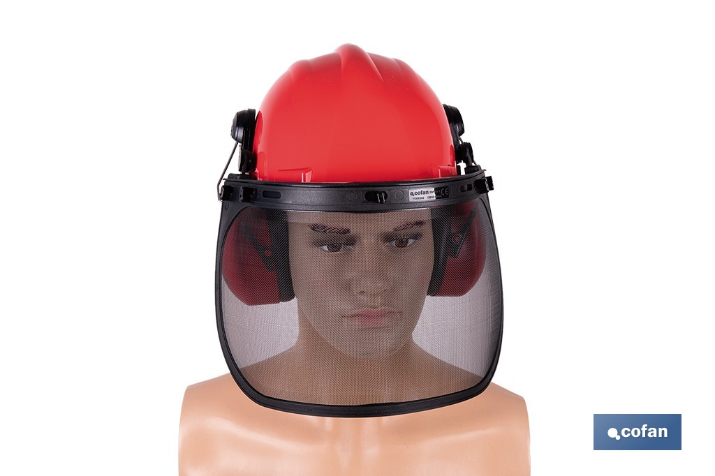 Kit forestal 4 en 1: casco rojo con protección de rostro y oídos. Protección triple certificada. - Cofan