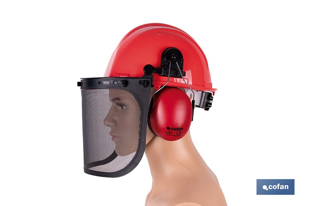 Kit forestal 4 en 1: casco rojo con protección de rostro y oídos. Protección triple certificada. - Cofan