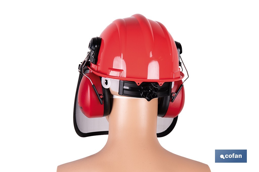 Kit forestal 4 en 1: casco rojo con protección de rostro y oídos. Protección triple certificada. - Cofan