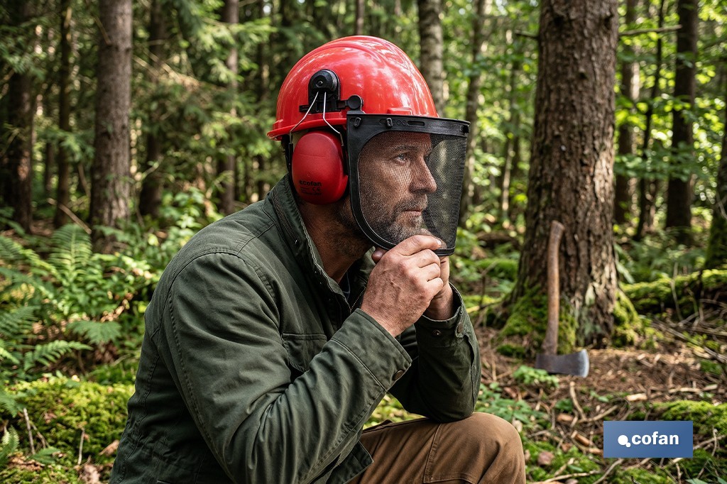Kit forestal 4 en 1: casco rojo con protección de rostro y oídos. Protección triple certificada. - Cofan