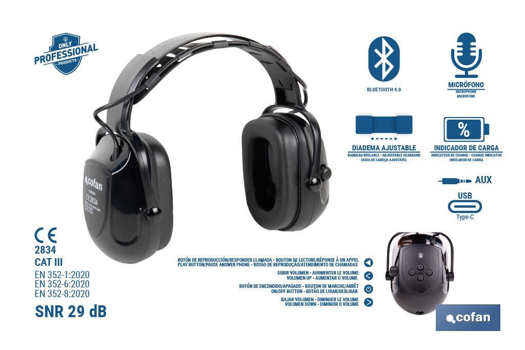 Cascos antirruido con Bluetooth | Reducción de sonido (SNR) 29 dB | Protección auditiva con micrófono y control de volumen - Cofan