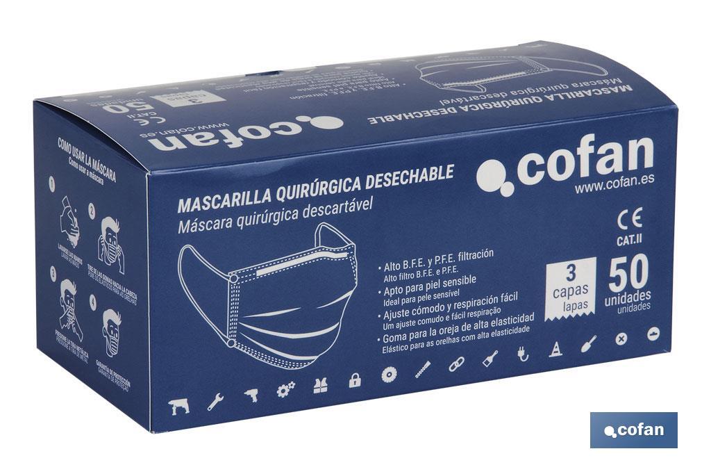 Mascarillas Quirúrgicas Desechables no tejidas | Con 3 capas de filtración | Pack de 50 Unidades - Cofan