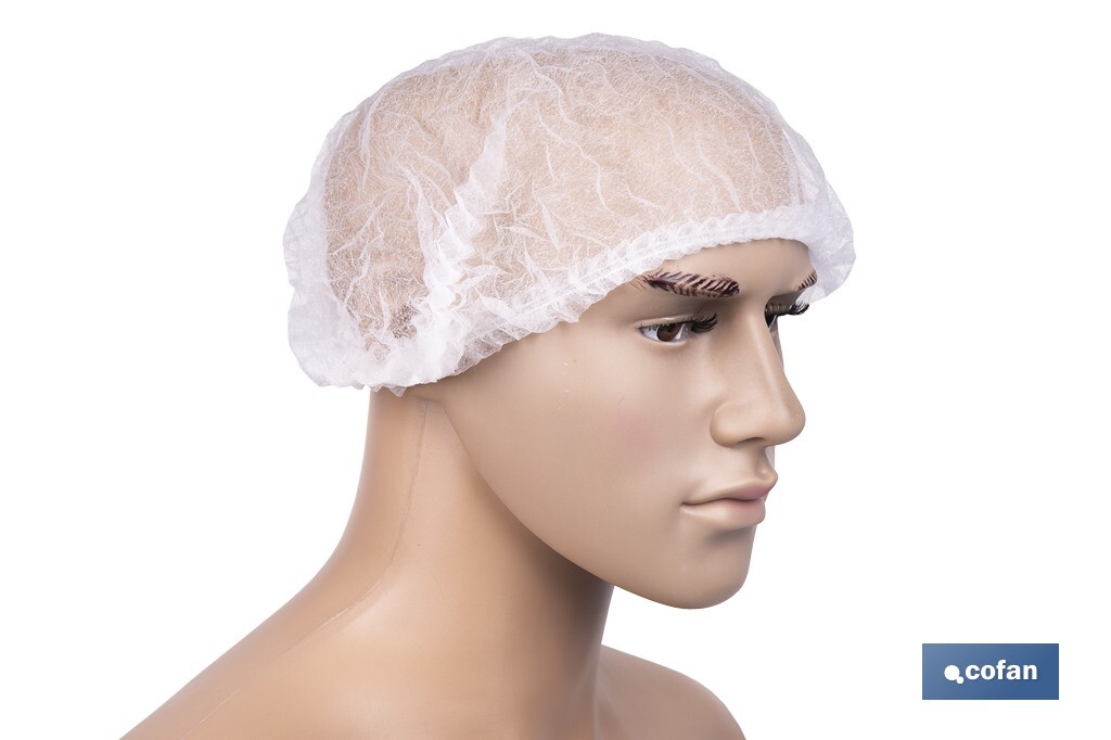 Gorro desechable | Color: blanco | Material: polipropileno | Plegado en acordeón | Disponible en packs de 100 unidades | Protección para limpieza, sanidad e industria - Cofan