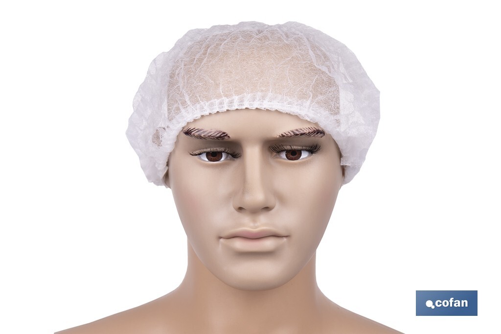 Gorro desechable | Color: blanco | Material: polipropileno | Plegado en acordeón | Disponible en packs de 100 unidades | Protección para limpieza, sanidad e industria - Cofan