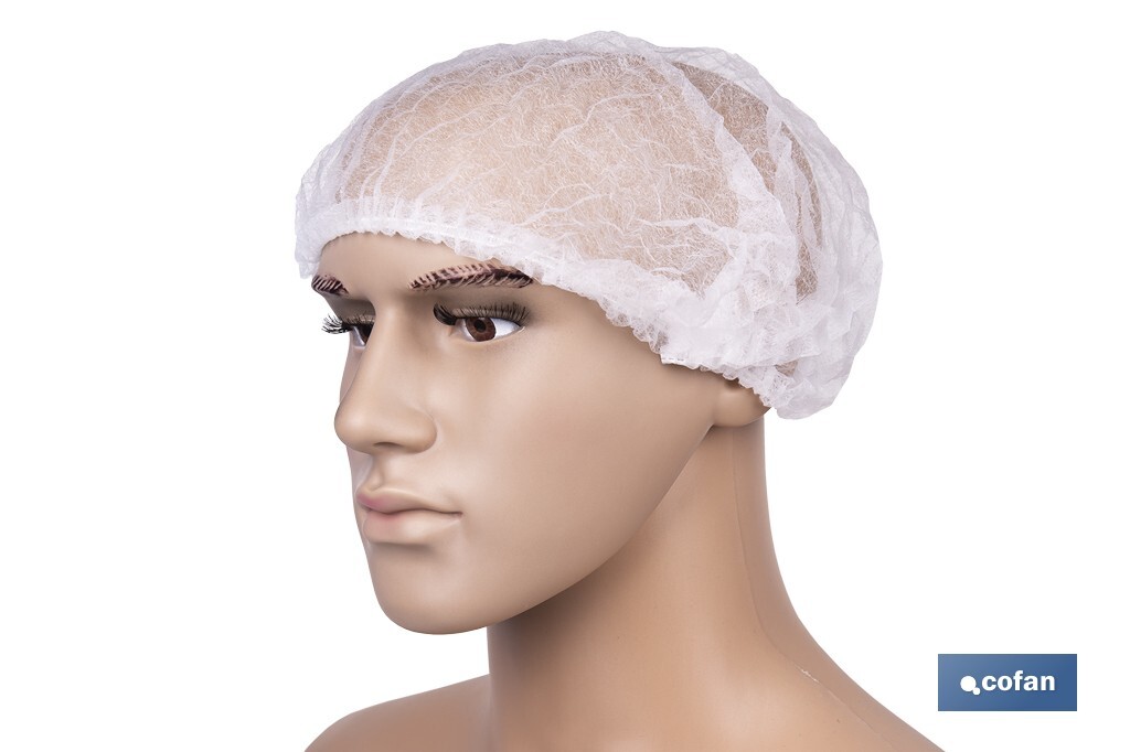 Gorro desechable | Color: blanco | Material: polipropileno | Plegado en acordeón | Disponible en packs de 100 unidades | Protección para limpieza, sanidad e industria - Cofan