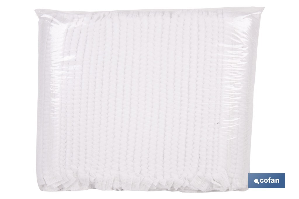 Gorro desechable | Color: blanco | Material: polipropileno | Plegado en acordeón | Disponible en packs de 100 unidades | Protección para limpieza, sanidad e industria - Cofan