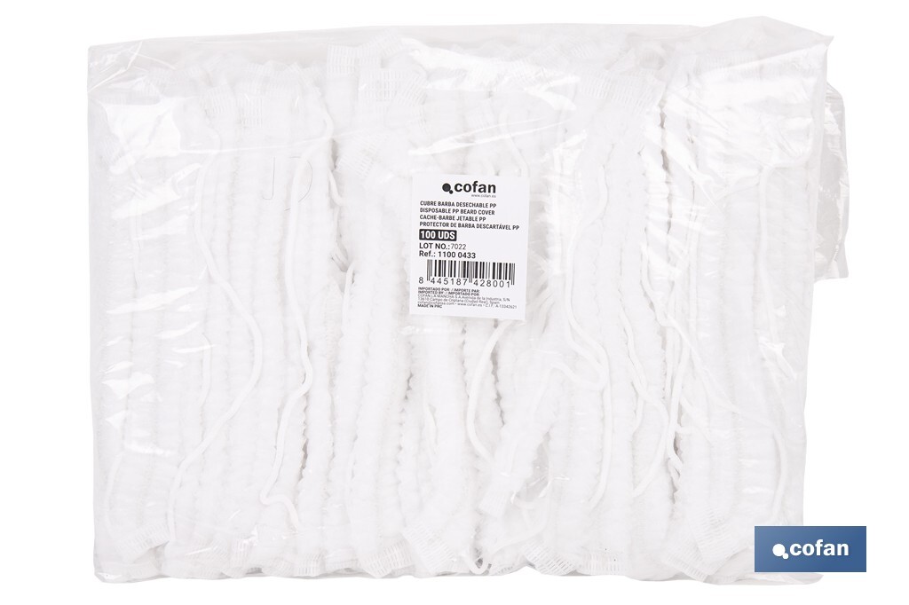 Cubrebarbas desechables | Material: polipropileno | Color: blanco | Talla única | Disponibles en packs de 100 unidades - Cofan