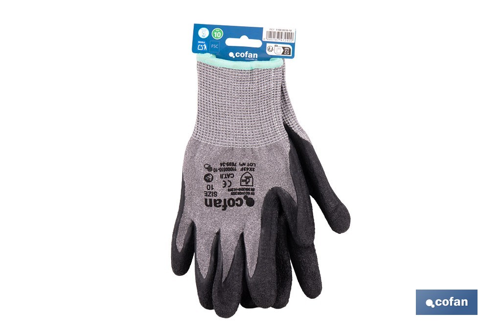 Guantes mecánicos anticorte con recubrimiento de látex rugoso | Conforme con EN 388:2016 | Disponible desde la talla 6 hasta la 10 - Cofan