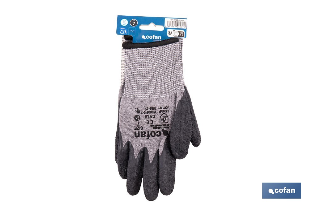 Guantes mecánicos anticorte con recubrimiento de látex rugoso | Conforme con EN 388:2016 | Disponible desde la talla 6 hasta la 10 - Cofan