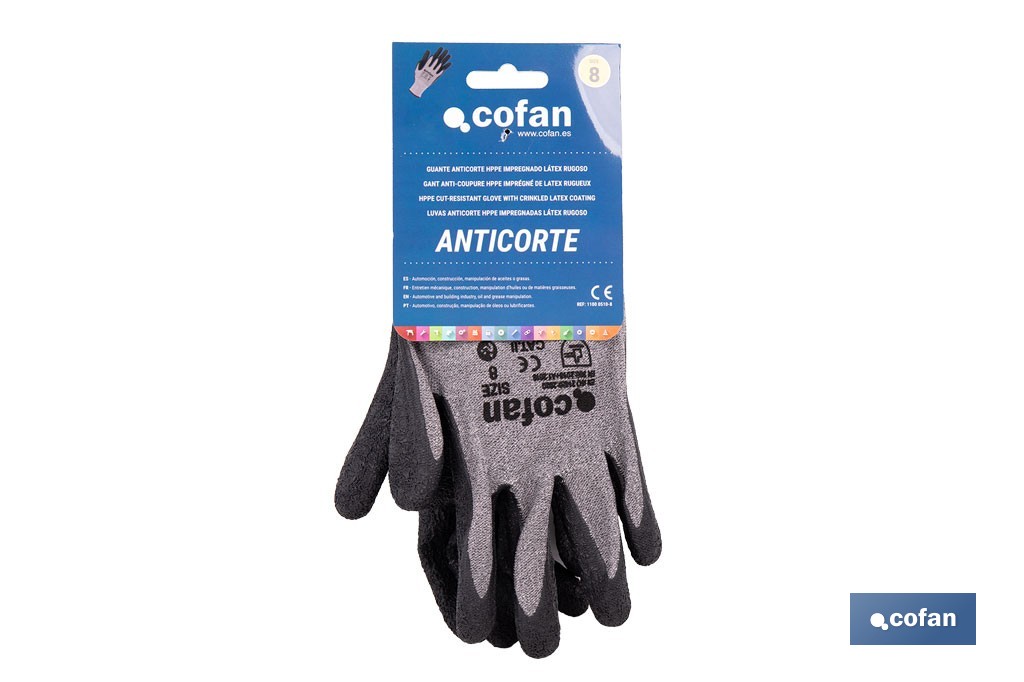 Guantes mecánicos anticorte con recubrimiento de látex rugoso | Conforme con EN 388:2016 | Disponible desde la talla 6 hasta la 10 - Cofan
