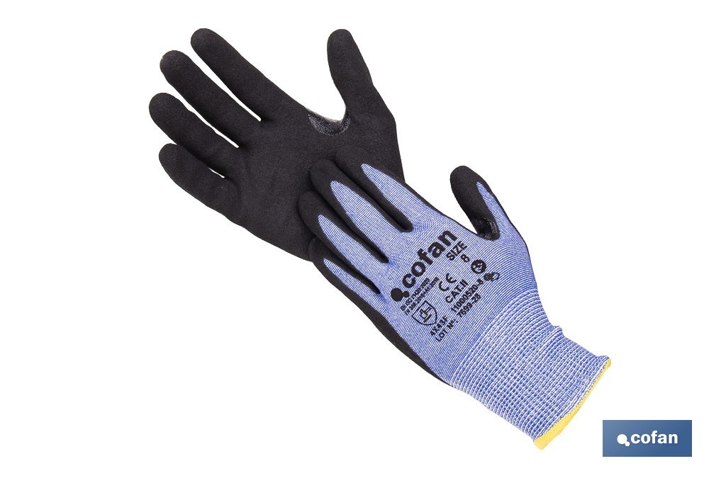 Guantes mecánicos anticorte impregnado en nitrilo Sandy Coating | Conforme con EN 388:2016 | Disponible desde la talla 6 hasta la 11 - Cofan