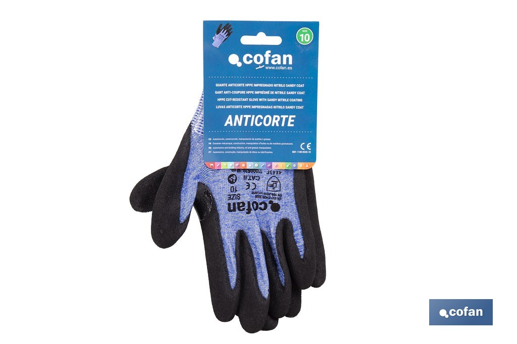 Guantes mecánicos anticorte impregnado en nitrilo Sandy Coating | Conforme con EN 388:2016 | Disponible desde la talla 6 hasta la 11 - Cofan