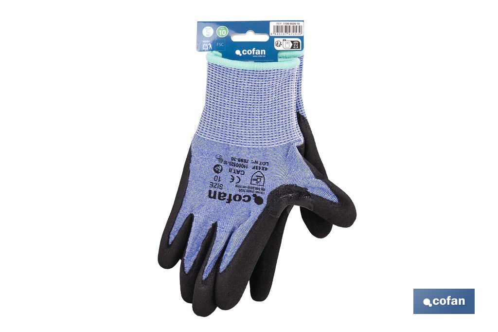 Guantes mecánicos anticorte impregnado en nitrilo Sandy Coating | Conforme con EN 388:2016 | Disponible desde la talla 6 hasta la 11 - Cofan
