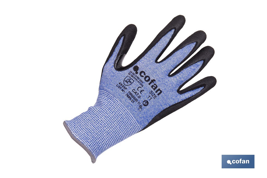 Guantes mecánicos anticorte impregnado en nitrilo Sandy Coating | Conforme con EN 388:2016 | Disponible desde la talla 6 hasta la 11 - Cofan