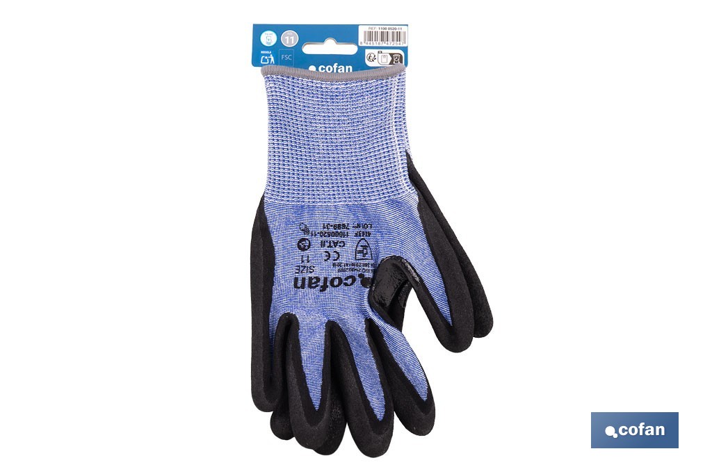 Guantes mecánicos anticorte impregnado en nitrilo Sandy Coating | Conforme con EN 388:2016 | Disponible desde la talla 6 hasta la 11 - Cofan