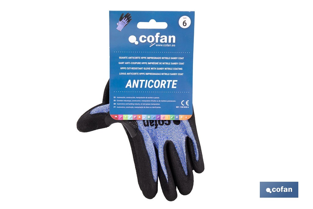 Guantes mecánicos anticorte impregnado en nitrilo Sandy Coating | Conforme con EN 388:2016 | Disponible desde la talla 6 hasta la 11 - Cofan