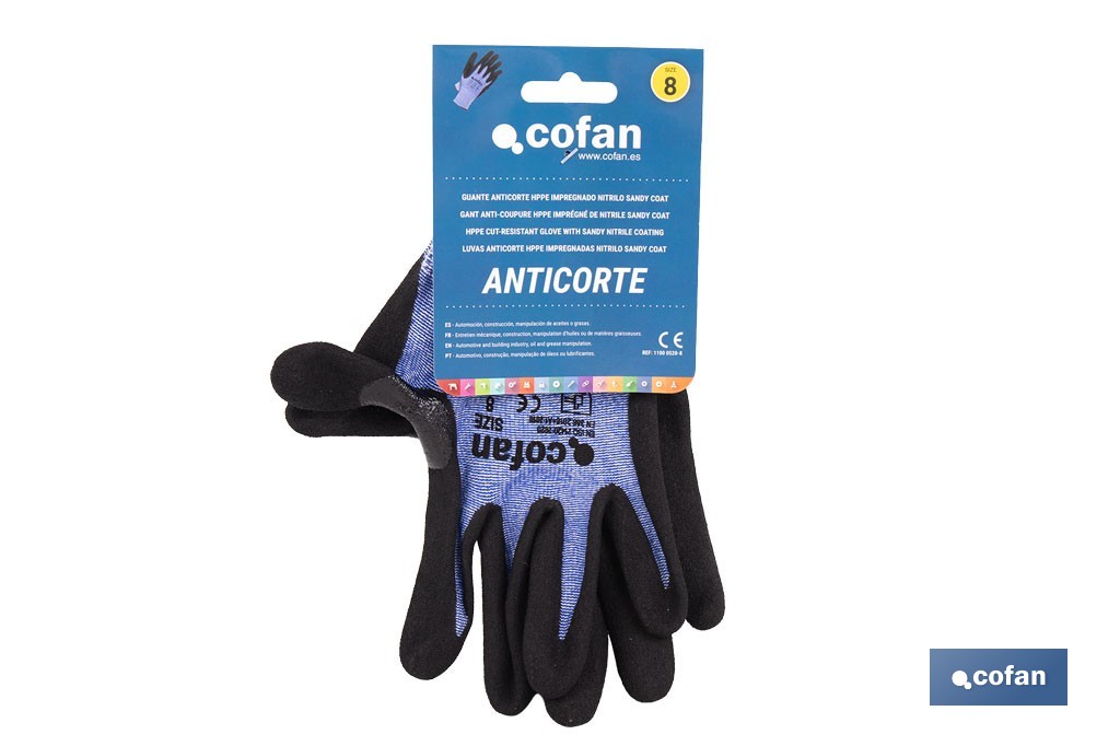 Guantes mecánicos anticorte impregnado en nitrilo Sandy Coating | Conforme con EN 388:2016 | Disponible desde la talla 6 hasta la 11 - Cofan