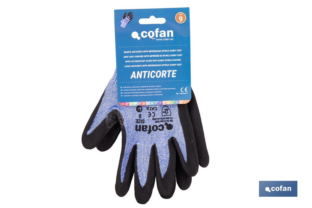 Guantes mecánicos anticorte impregnado en nitrilo Sandy Coating | Conforme con EN 388:2016 | Disponible desde la talla 6 hasta la 11 - Cofan