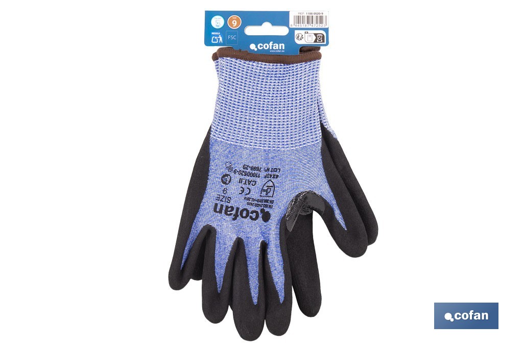 Guantes mecánicos anticorte impregnado en nitrilo Sandy Coating | Conforme con EN 388:2016 | Disponible desde la talla 6 hasta la 11 - Cofan