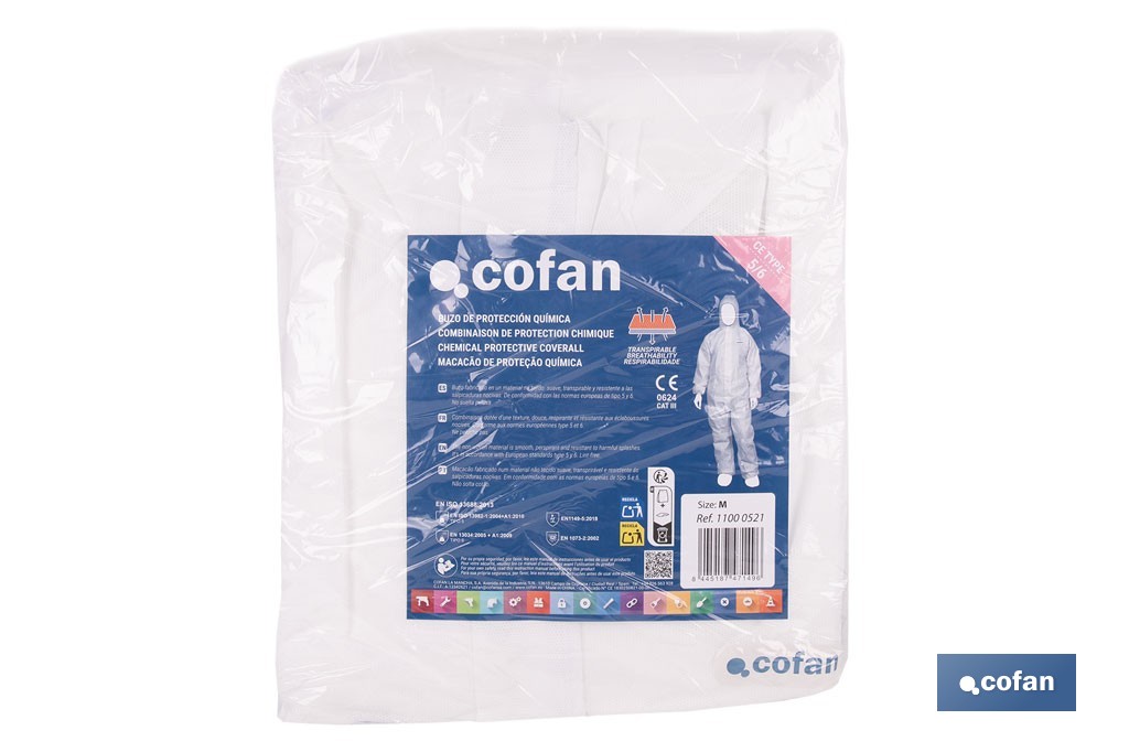 Buzo de protección desechable con capucha | Protección química tipo 5 y 6 | Color blanco | Disponible desde la talla M hasta la XXL - Cofan