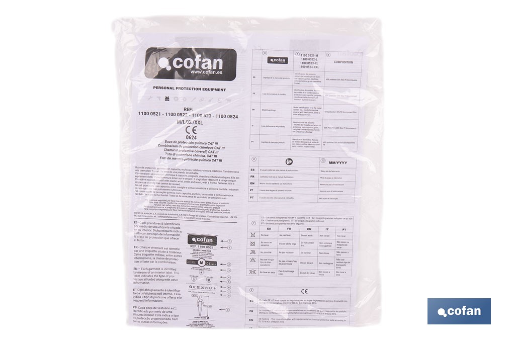 Buzo de protección desechable con capucha | Protección química tipo 5 y 6 | Color blanco | Disponible desde la talla M hasta la XXL - Cofan