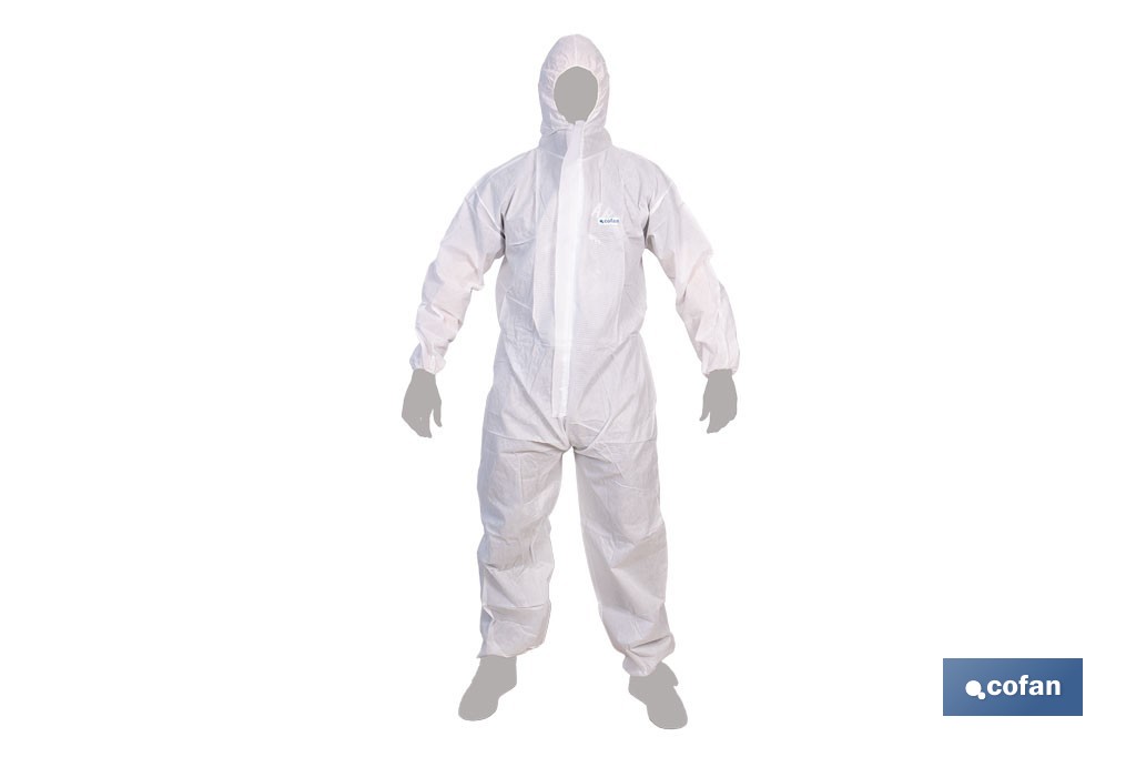 Buzo de protección desechable con capucha | Protección química tipo 5 y 6 | Color blanco | Disponible desde la talla M hasta la XXL - Cofan