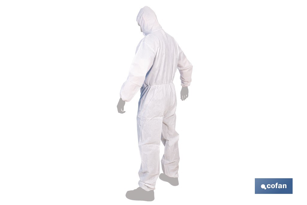Buzo de protección desechable con capucha | Protección química tipo 5 y 6 | Color blanco | Disponible desde la talla M hasta la XXL - Cofan