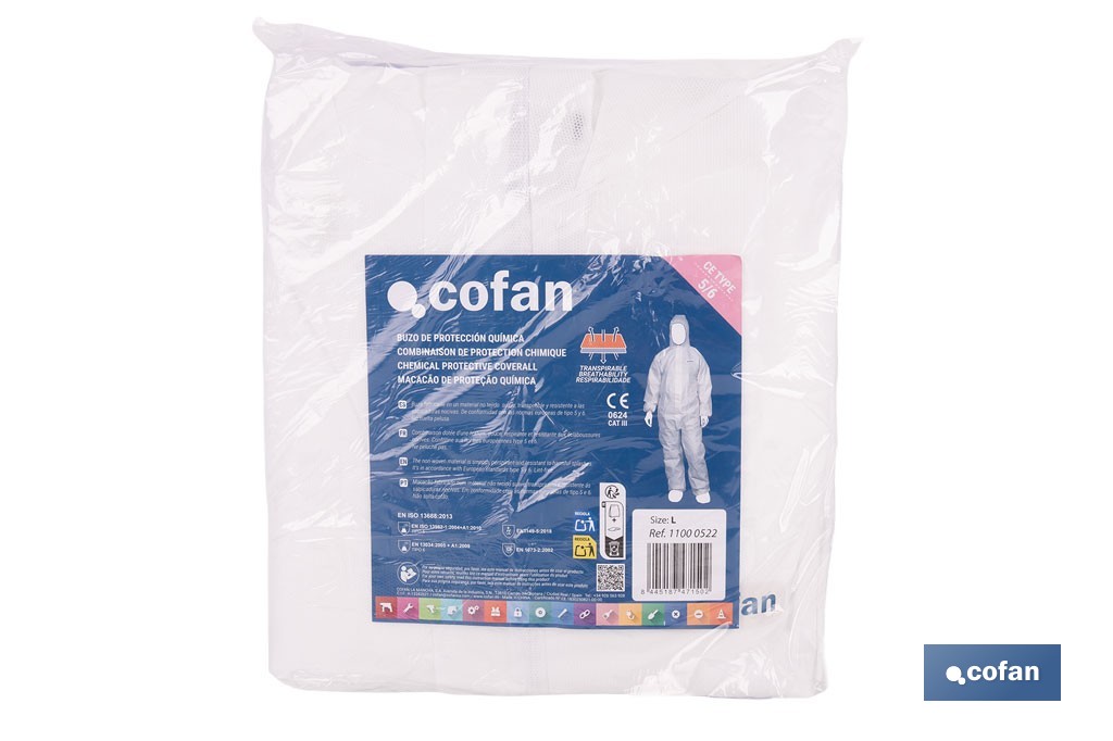 Buzo de protección desechable con capucha | Protección química tipo 5 y 6 | Color blanco | Disponible desde la talla M hasta la XXL - Cofan
