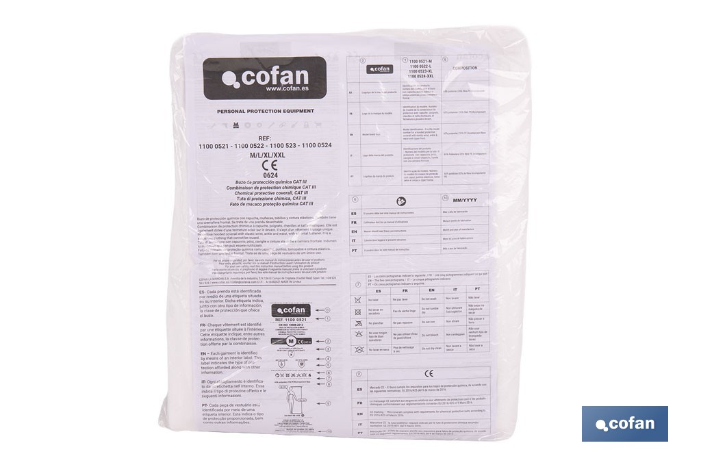 Buzo de protección desechable con capucha | Protección química tipo 5 y 6 | Color blanco | Disponible desde la talla M hasta la XXL - Cofan