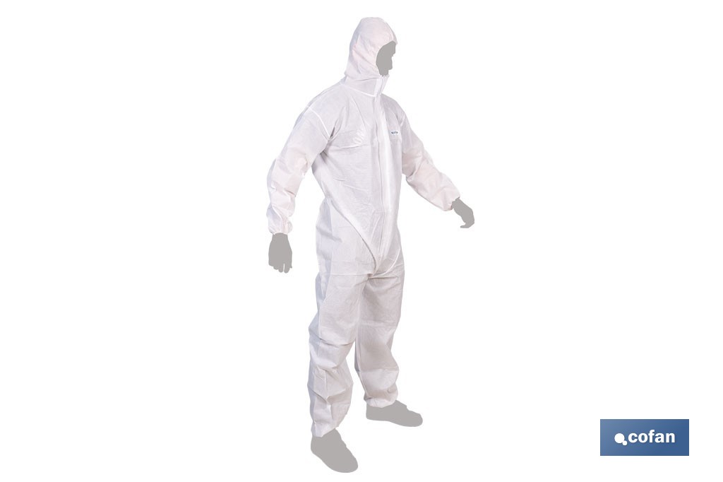 Buzo de protección desechable con capucha | Protección química tipo 5 y 6 | Color blanco | Disponible desde la talla M hasta la XXL - Cofan