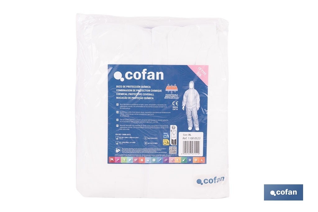 Buzo de protección desechable con capucha | Protección química tipo 5 y 6 | Color blanco | Disponible desde la talla M hasta la XXL - Cofan