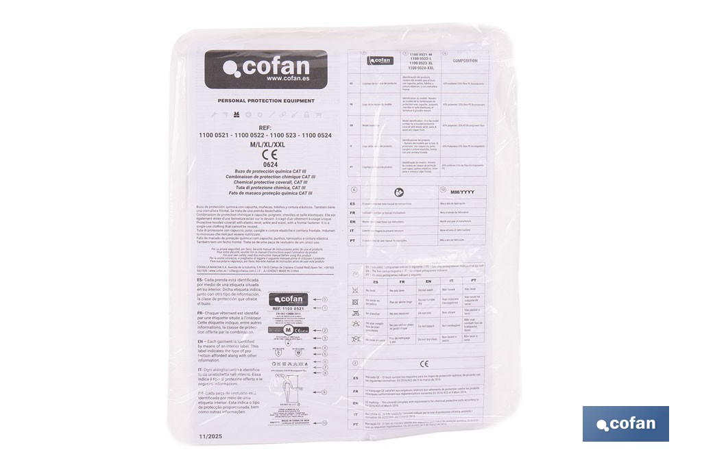 Buzo de protección desechable con capucha | Protección química tipo 5 y 6 | Color blanco | Disponible desde la talla M hasta la XXL - Cofan